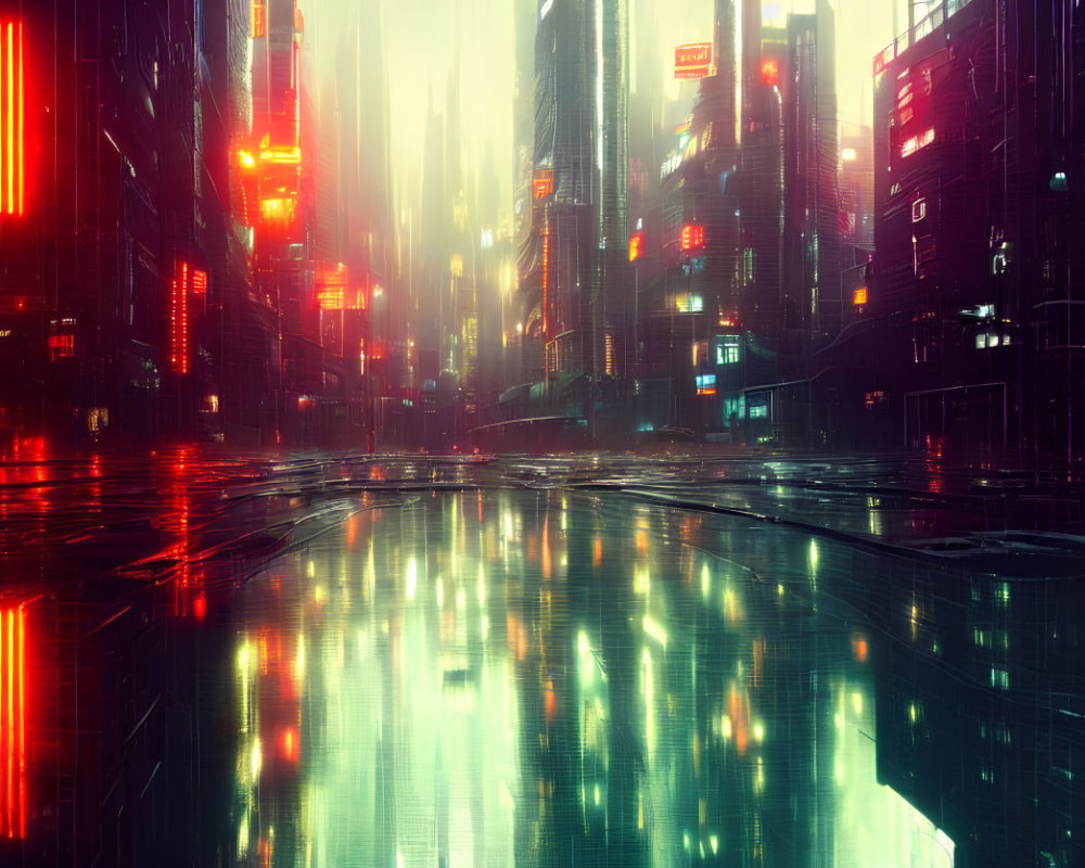 Futuristic cityscape with neon lights on wet streets