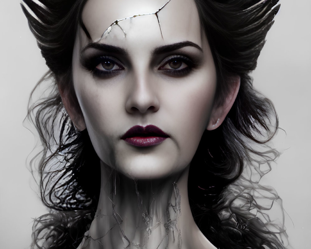 Portrait of Woman with Dark Eyes, Porcelain Skin, Cheekbones, and Horns