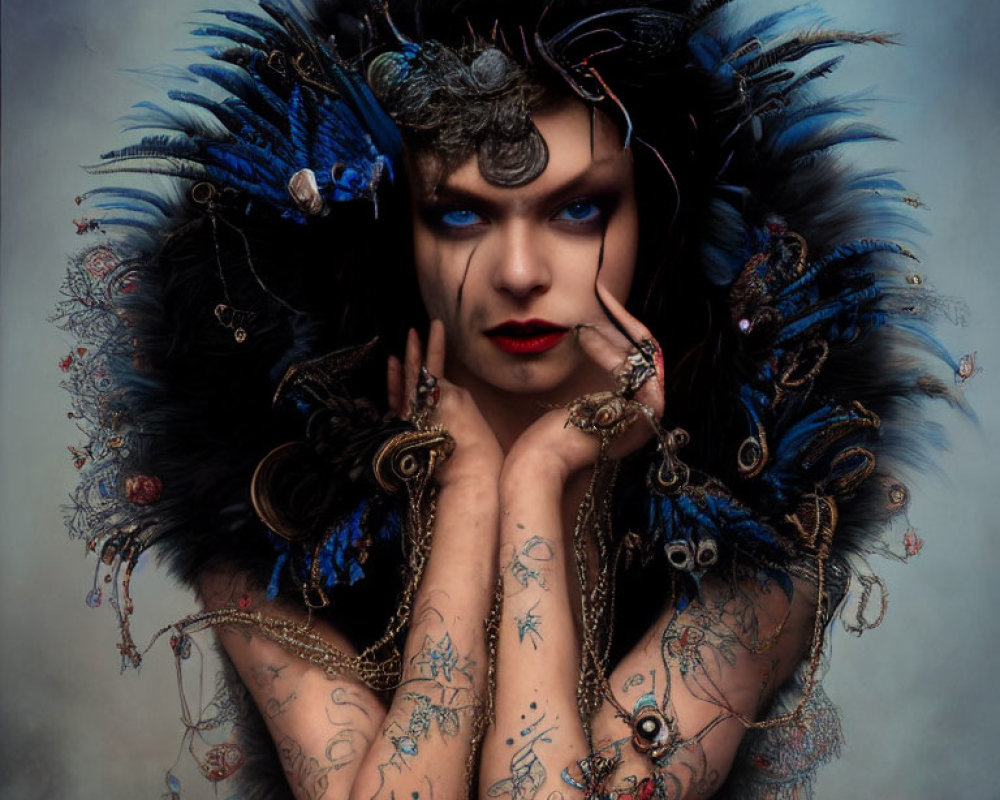 Portrait of person with theatrical blue makeup and feathered headwear staring at camera.