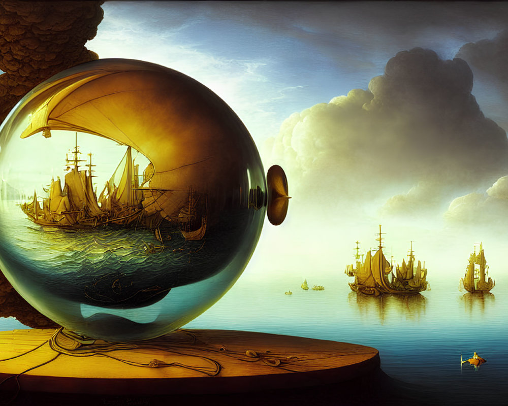 Surreal image of ships in water-filled globe and on sea under dramatic sky