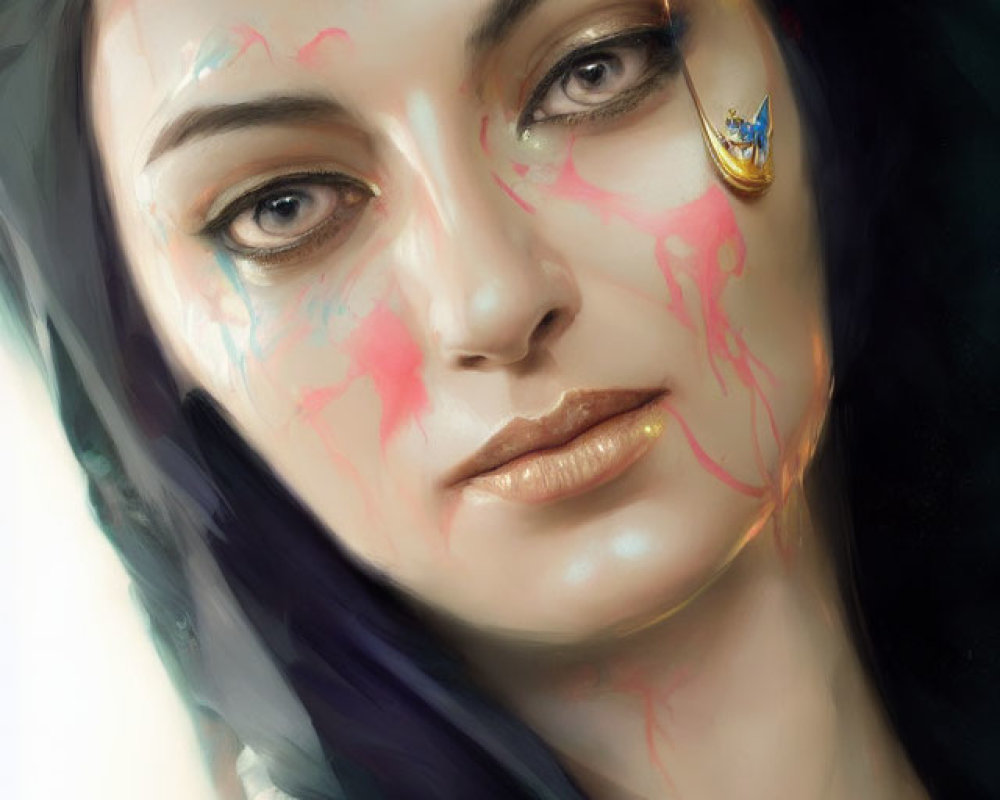 Digital portrait of woman with dark hair, subtle smile, colorful streaks, and butterfly on cheek