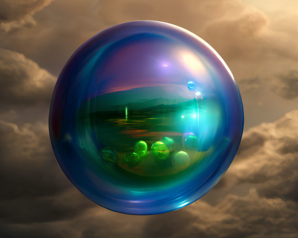 Iridescent bubble reflecting tranquil landscape scene in dramatic sky