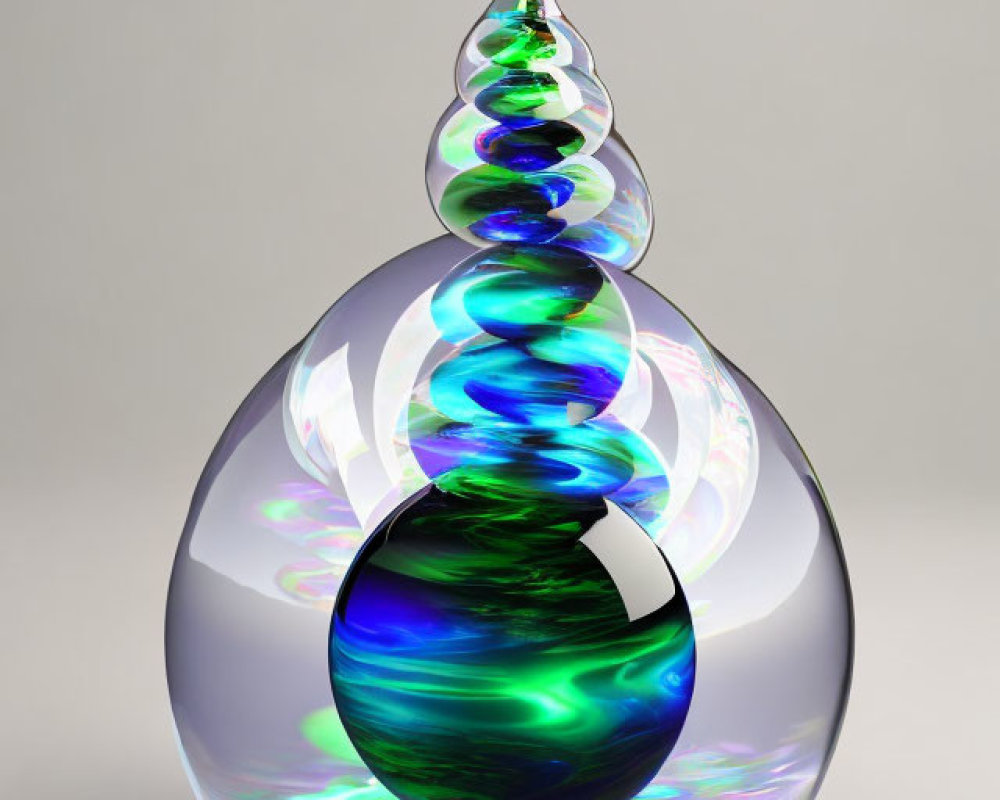 Digitally-created transparent sphere with colorful reflective spheres inside forming an elongated teardrop shape