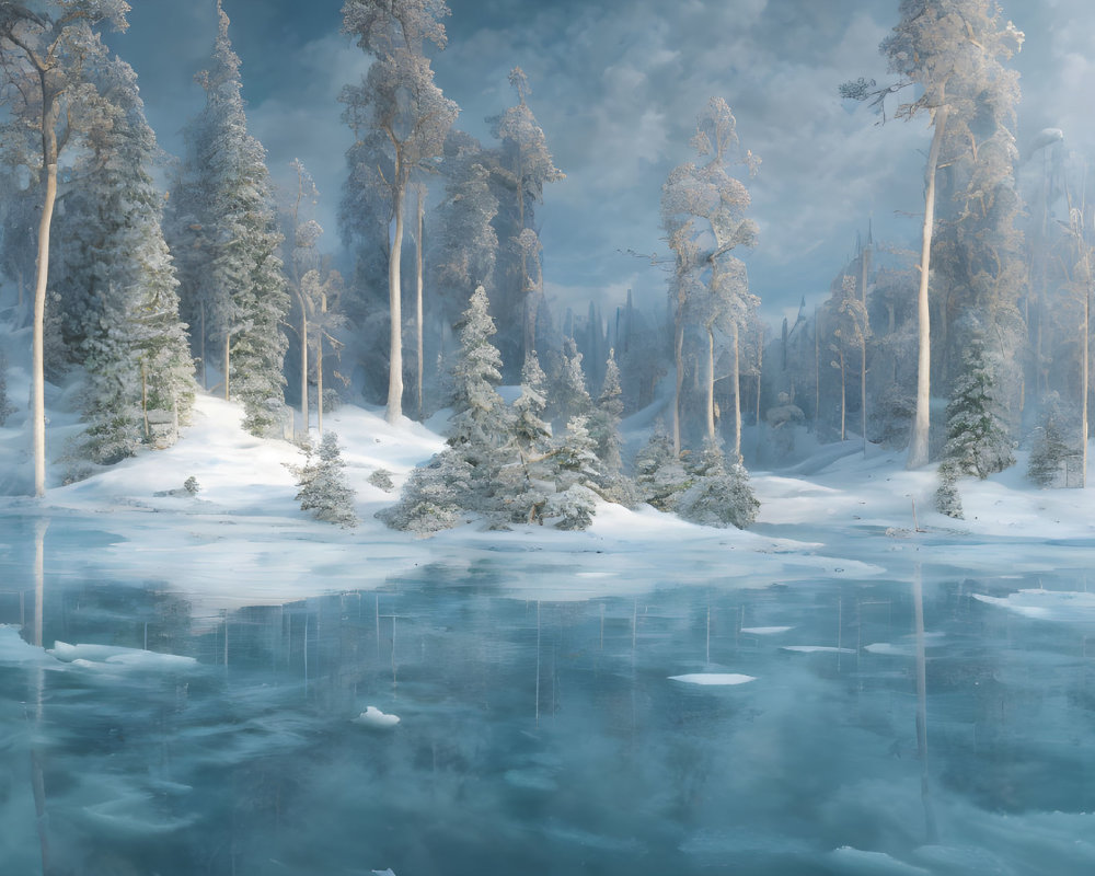 Snow-covered trees and frozen lake in serene winter scene