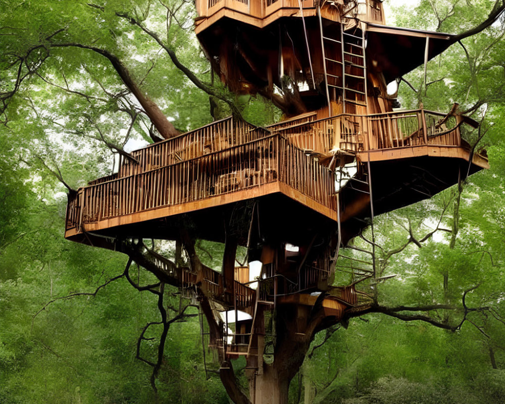 Wooden Treehouse with Balconies in Green Forest