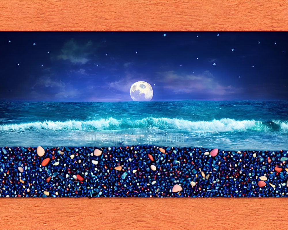 Nighttime beach scene with full moon and waves framed against orange wall