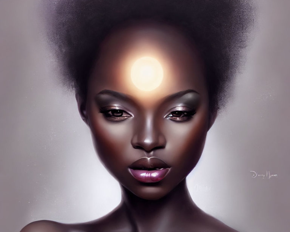 Dark-skinned woman with luminous circle and voluminous afro portrait.