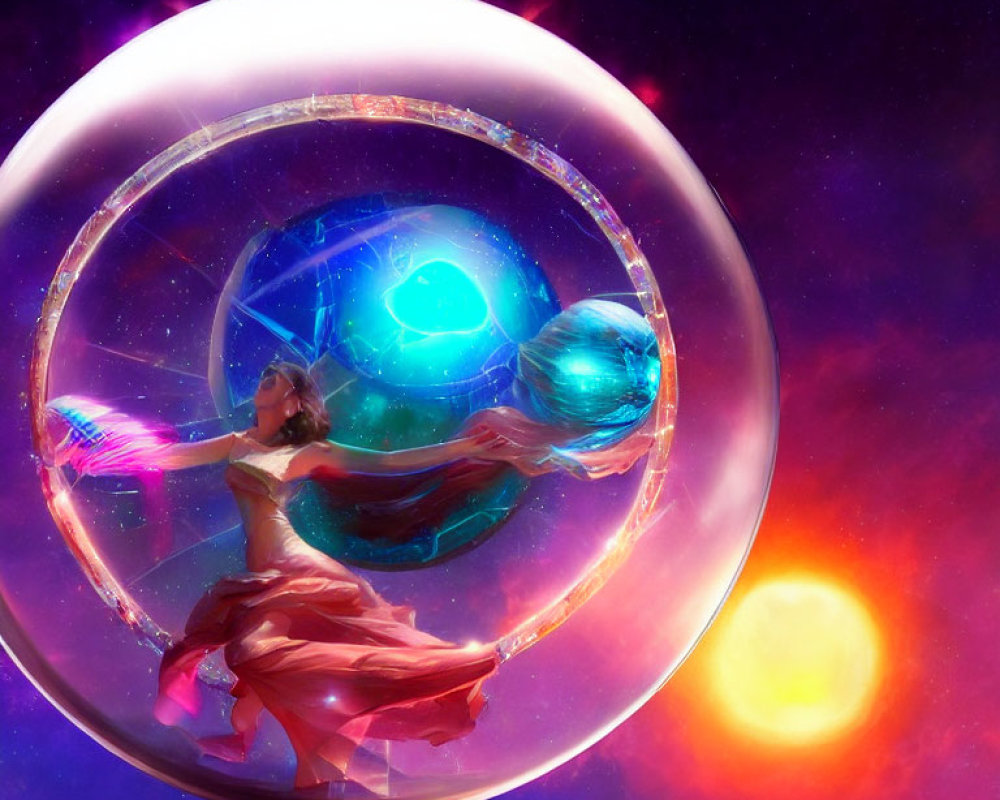 Woman dancing in flowing attire amidst cosmic orbs and glowing rings