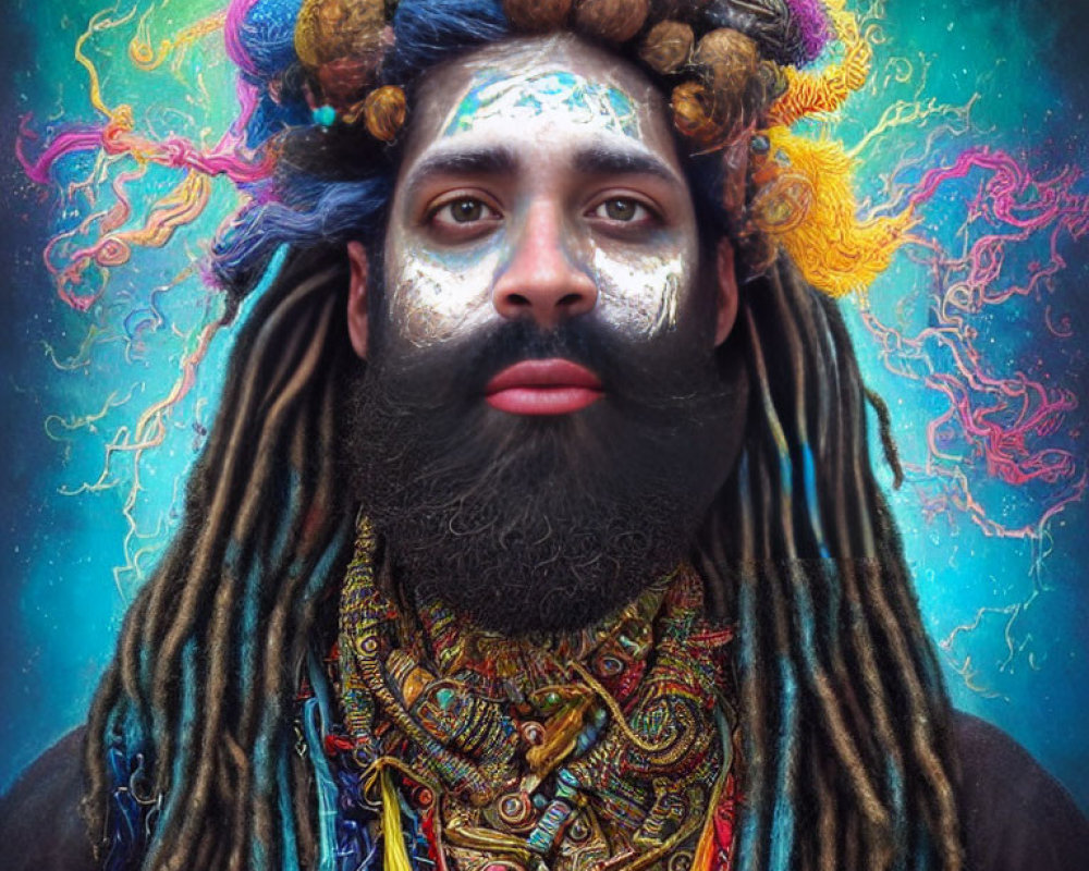 Colorful turban and decorated beard in mystical setting