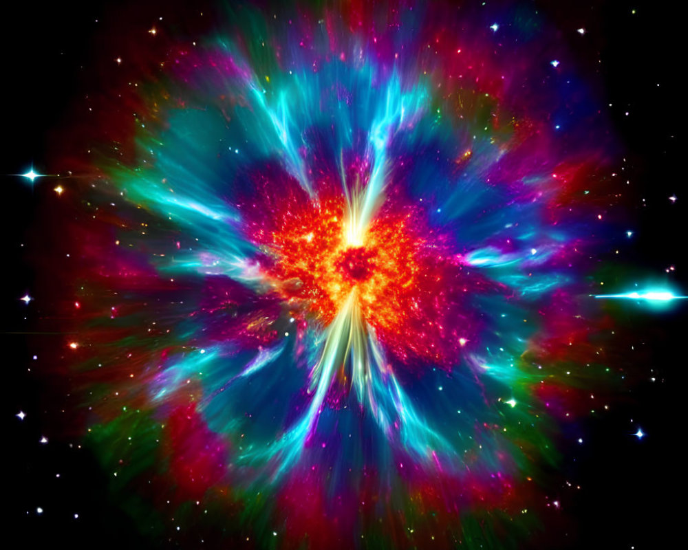 Colorful starburst nebula against dark starry background