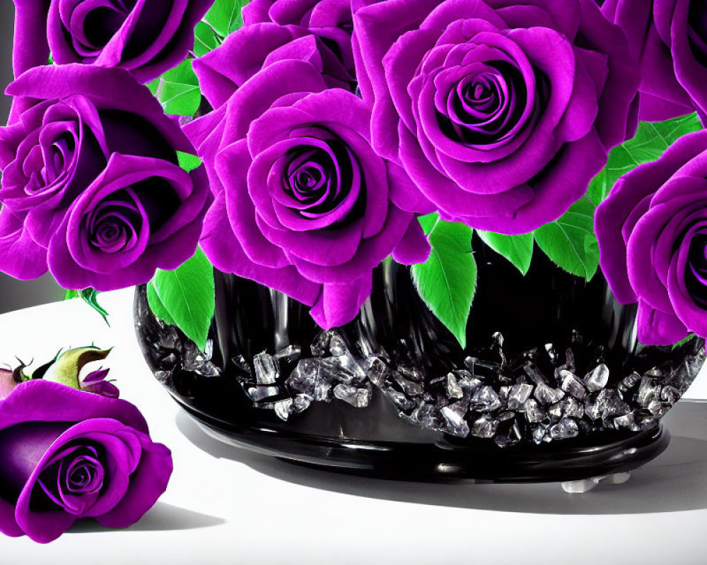 Purple roses in black vase with green leaves and crystals on reflective surface