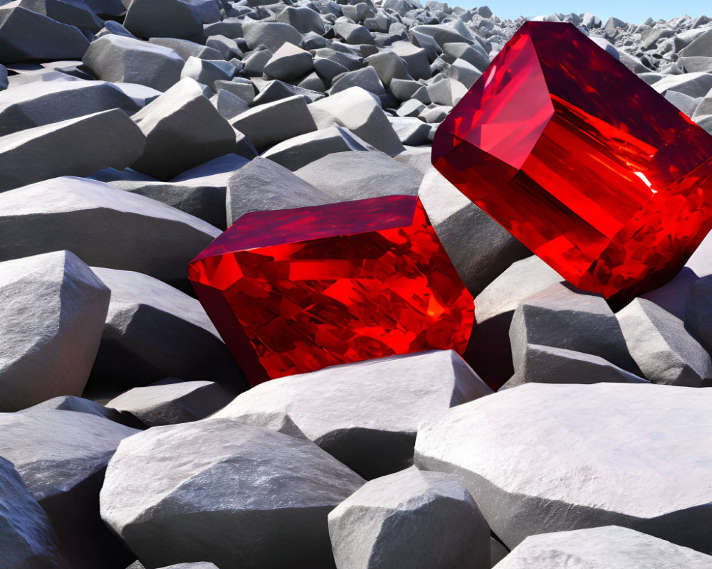 Red Crystals on Grey Boulder Field under Blue Sky