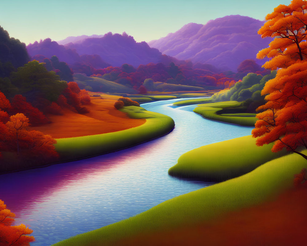 Colorful landscape with winding river, green hills, and autumn trees under evening sky