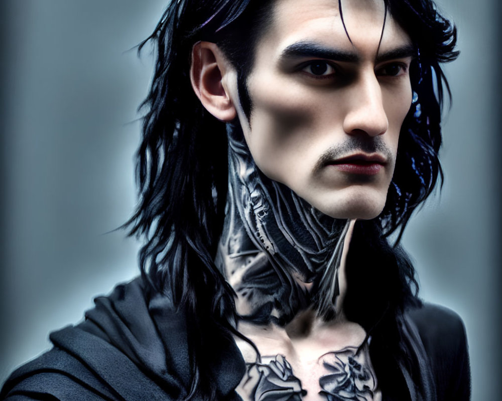 Man with Striking Makeup, Long Black Hair, and Neck Tattoos in Intense Pose