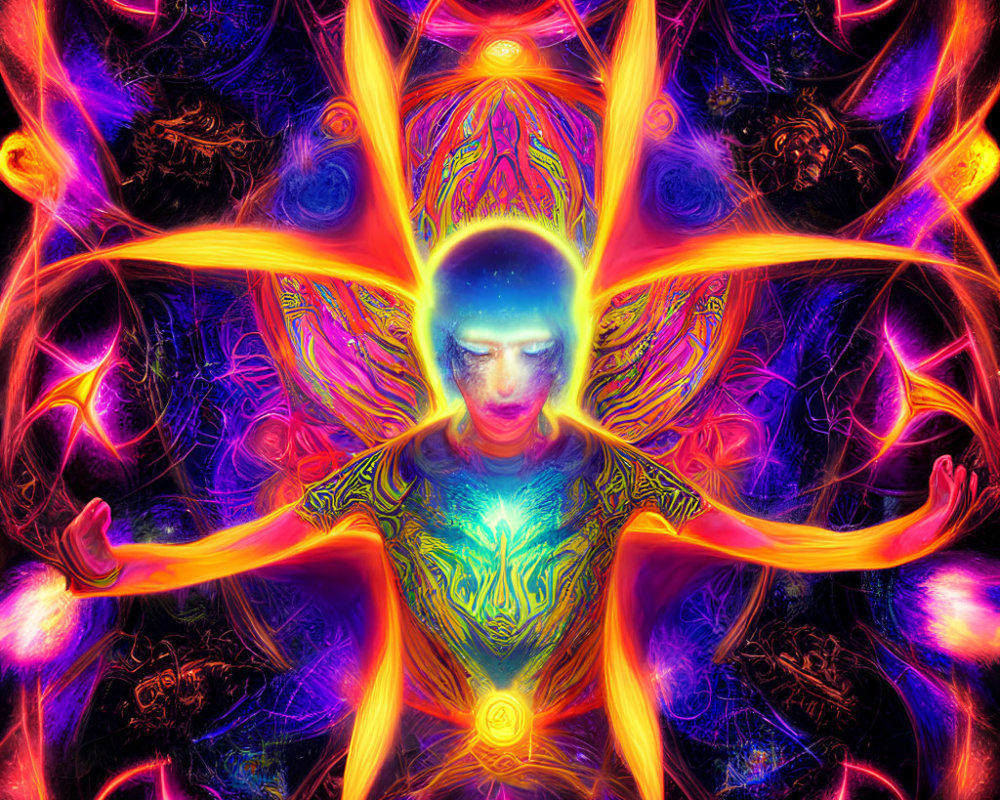 Colorful digital artwork of multi-armed figure in luminous patterns