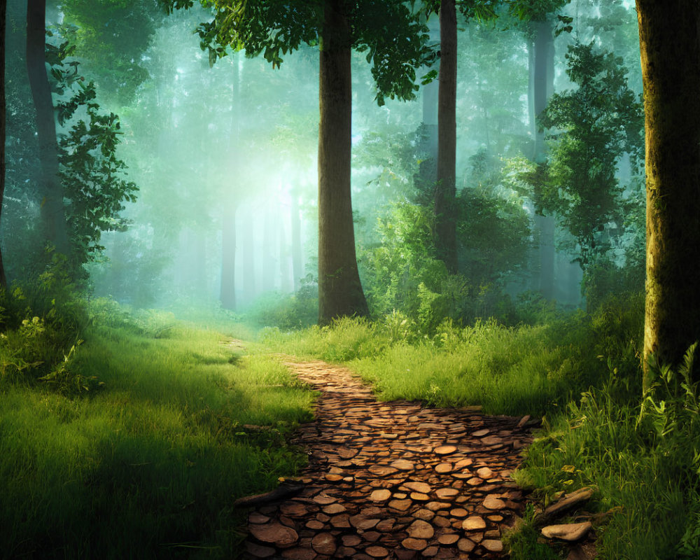 Tranquil forest scene with cobblestone path and sunlight filtering through mist