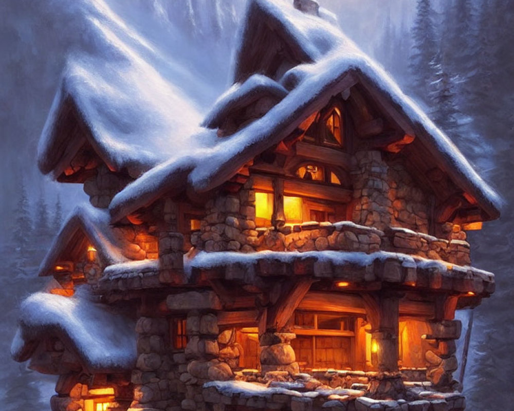 Snowy forest stone cabin with warm glowing lights