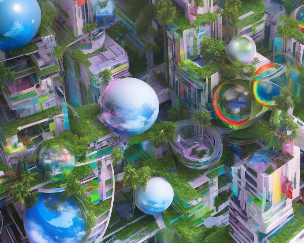 Futuristic cityscape with greenery, colorful high-rises, and floating spheres