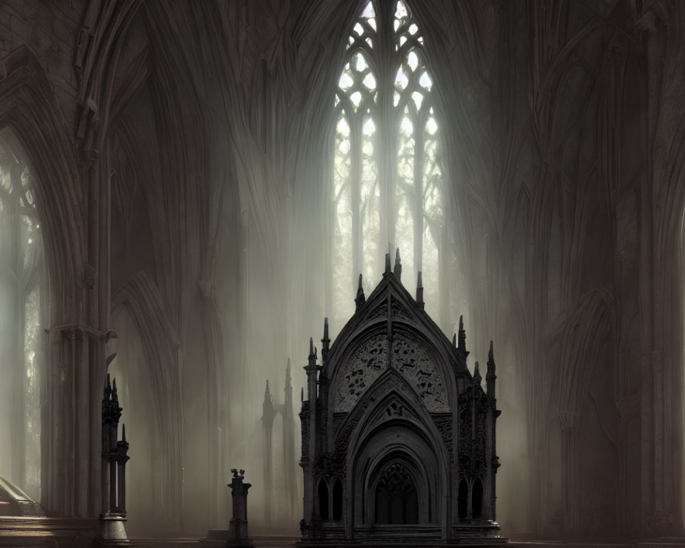 Gothic Cathedral Interior with Sunbeams and Stained Glass Windows