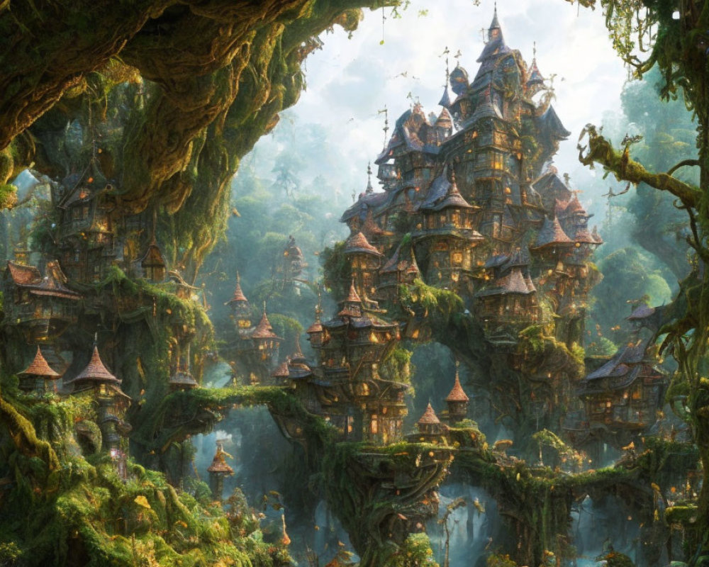 Ancient forest with pagoda-style village in mystical haze