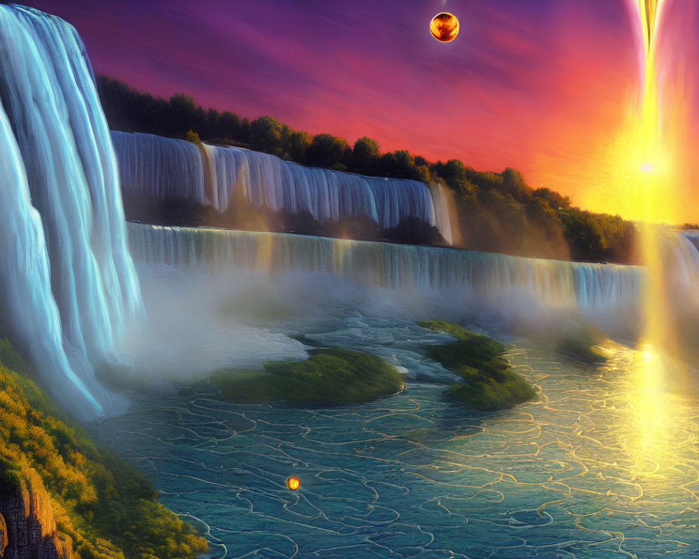 Majestic waterfall with sunset, lightning, and floating orbs