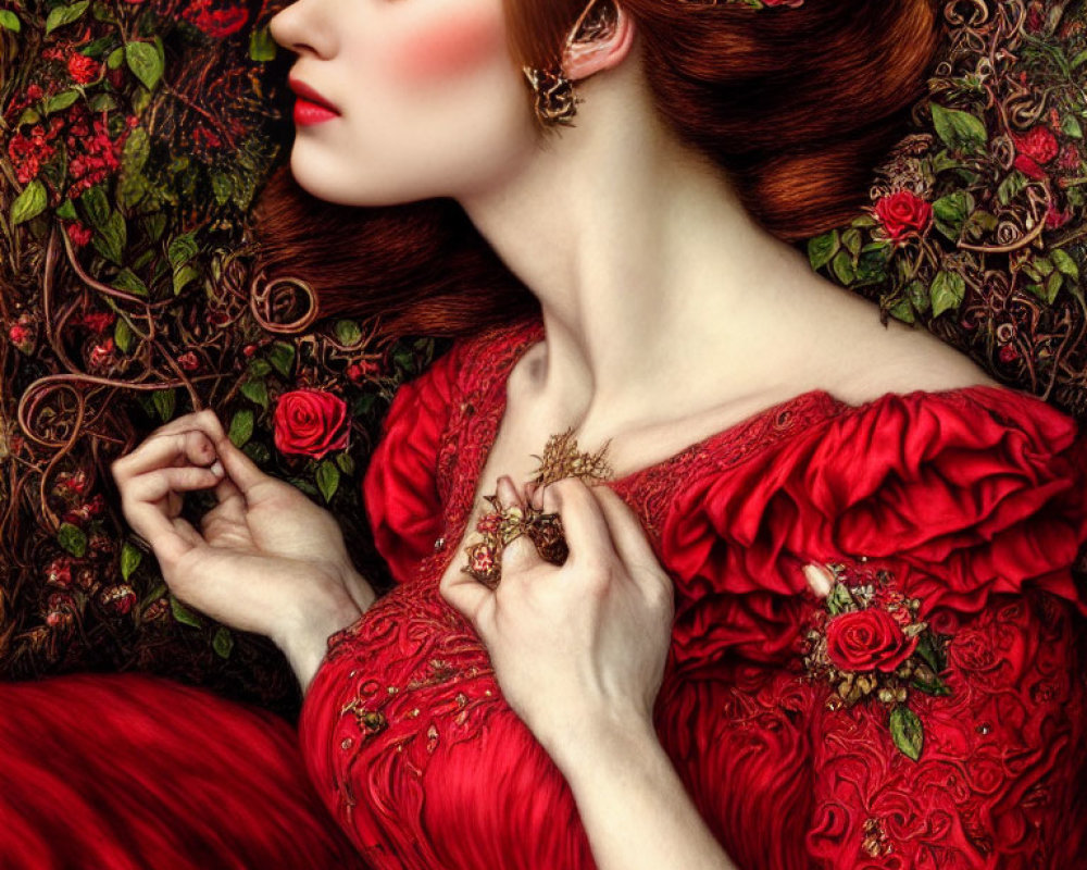 Woman in Red Dress with Roses in Hair and Blooming Roses Background