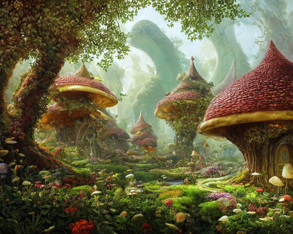 Enigmatic oversized mushroom houses in mystical forest landscape