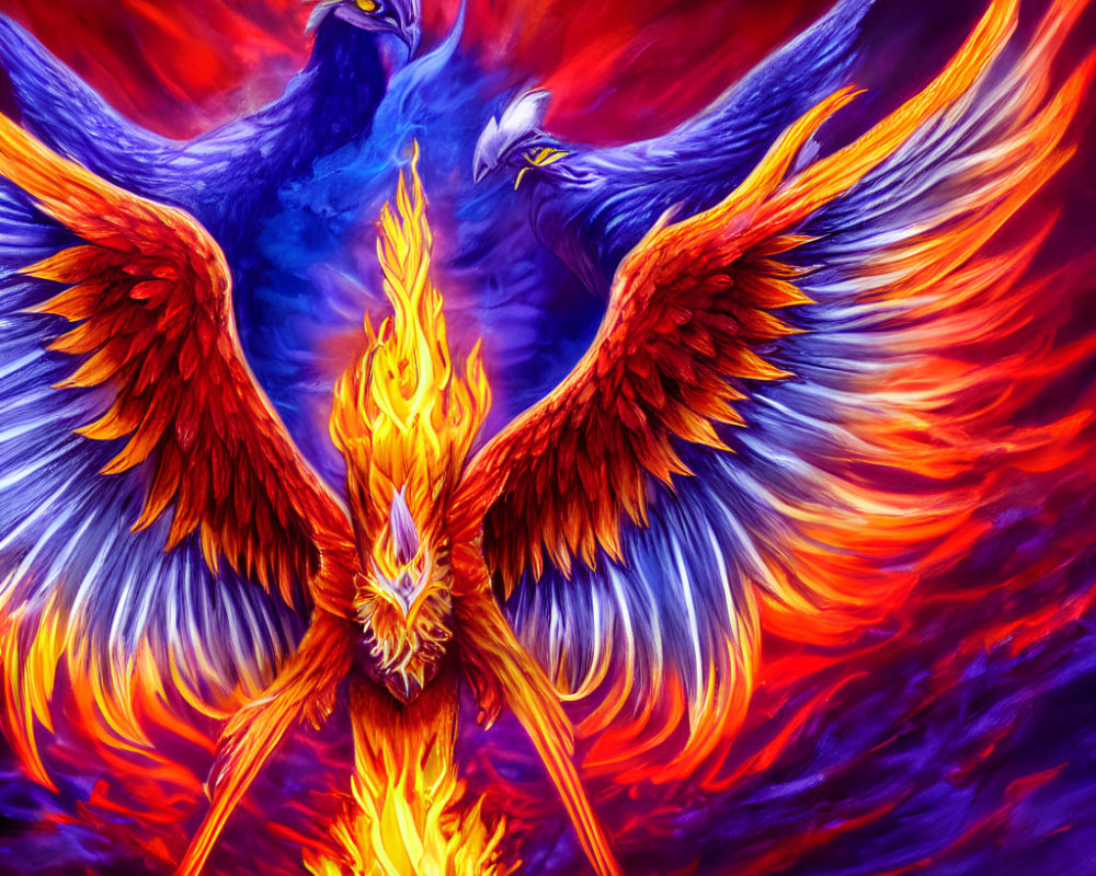 Colorful Phoenix Artwork with Blue Birds and Flames