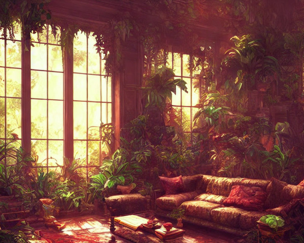 Indoor garden with dense foliage, large windows, cozy couch