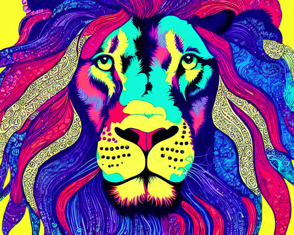 Colorful Psychedelic Lion Head Illustration on Yellow Background