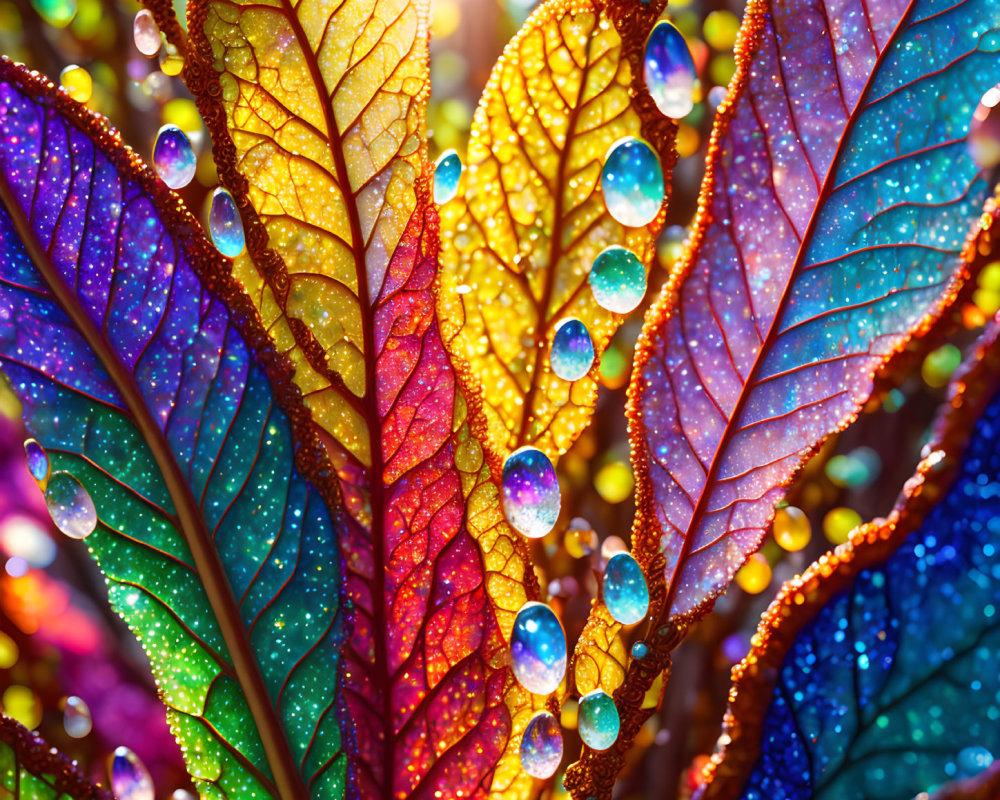 Colorful Dewy Leaves Reflecting Light in Magical Scene