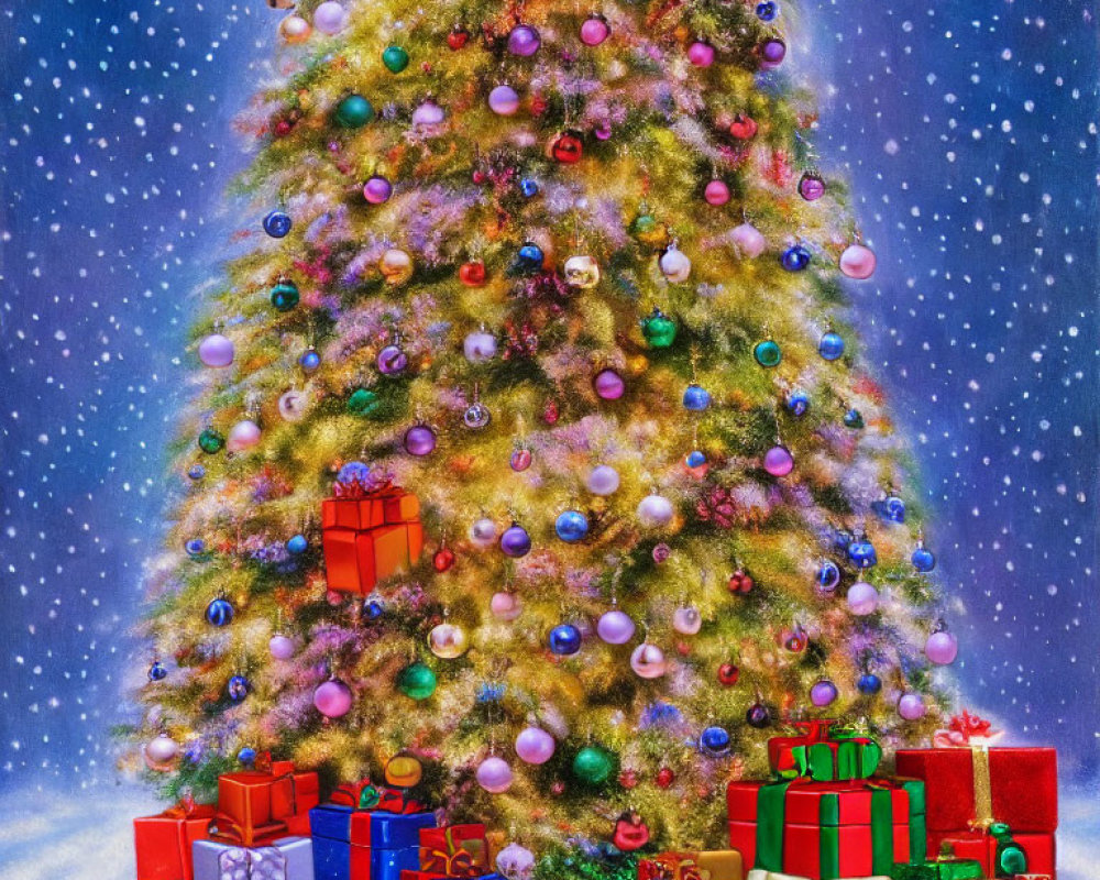 Colorful Christmas tree with baubles and lights, surrounded by gifts under starry sky.