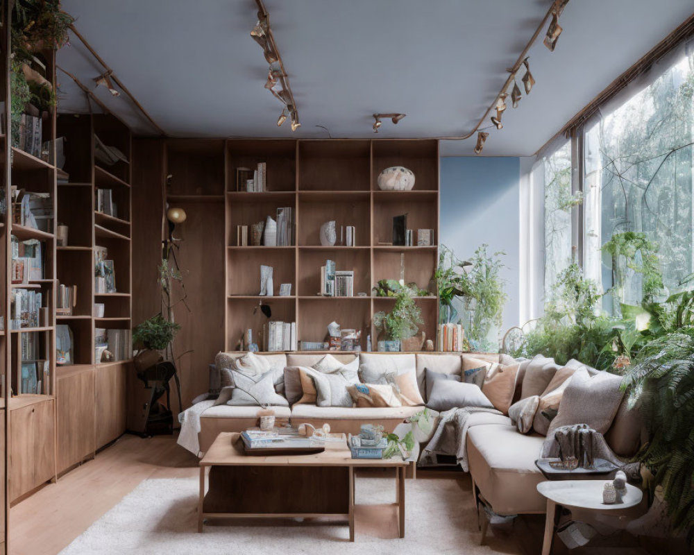 Spacious living room with L-shaped sofa, bookshelves, plants, and tree view