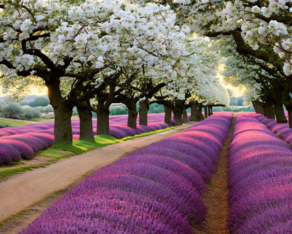 Scenic dirt path with purple flowers and white-flowered trees at sunset