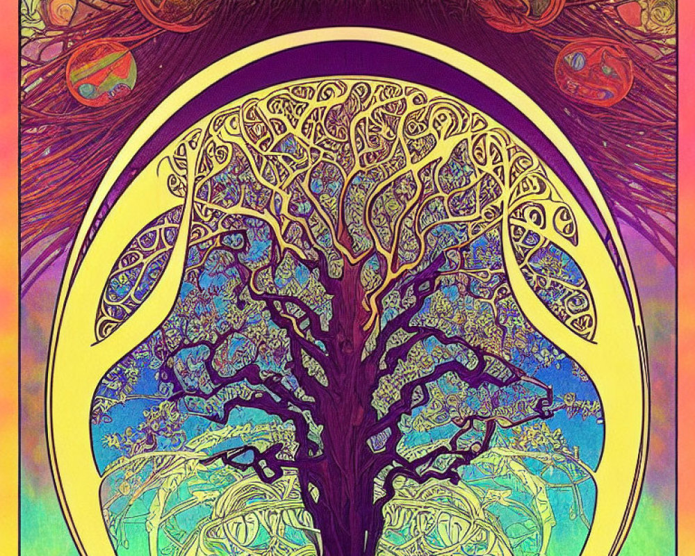 Colorful Tree Illustration on Psychedelic Celestial Background