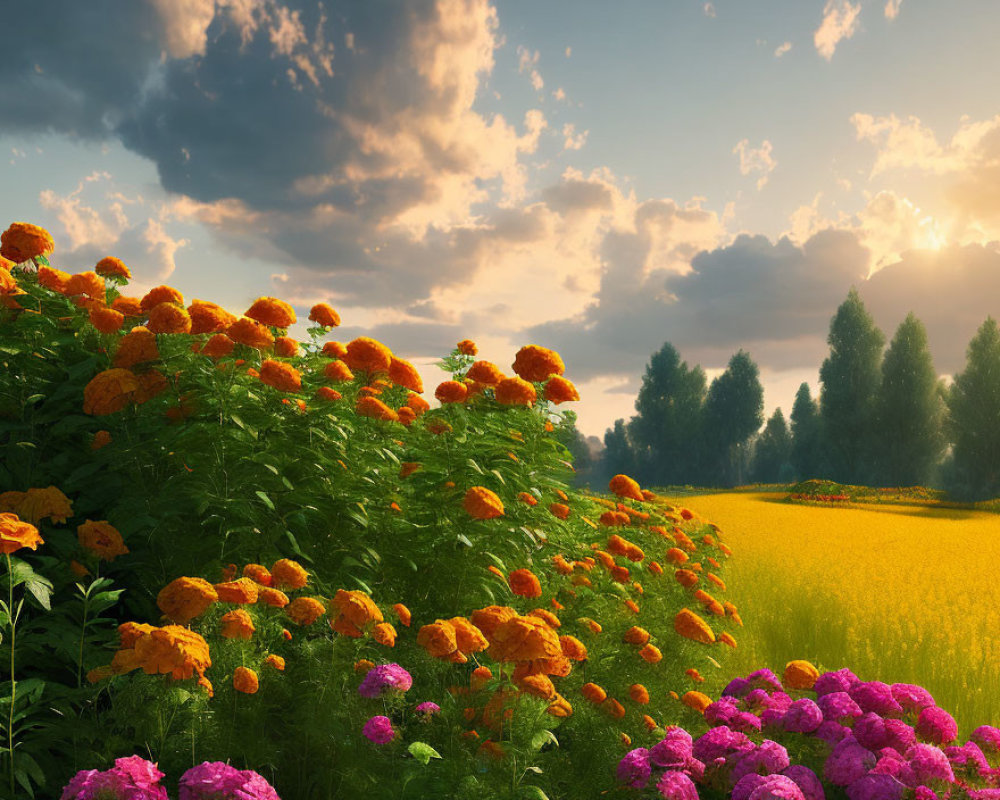 Colorful Orange and Pink Flowers with Golden Field and Green Trees at Sunset