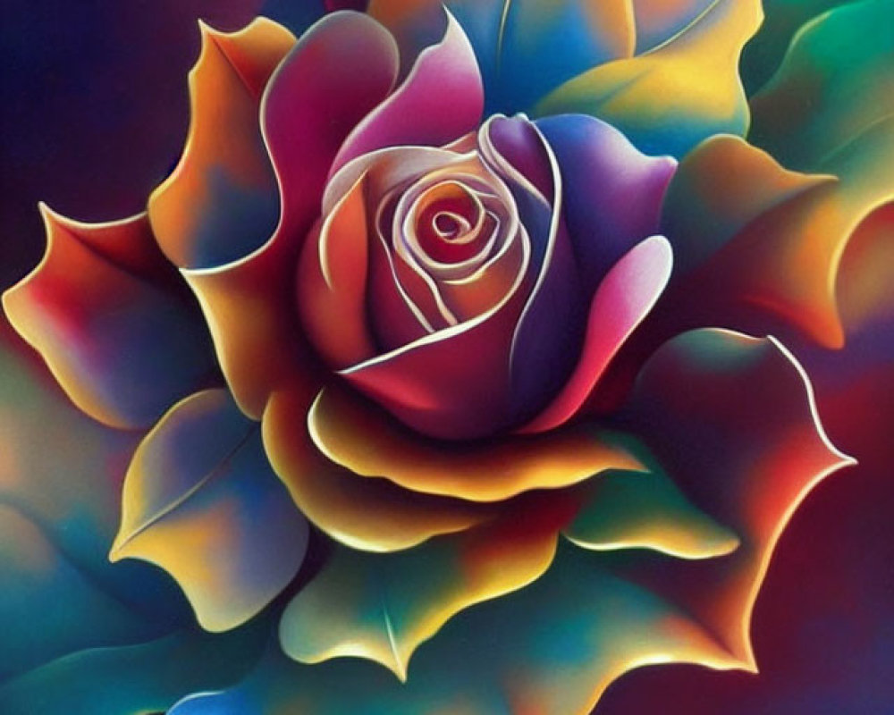 Multicolored rose with vibrant gradients of blues, reds, yellows, and purples