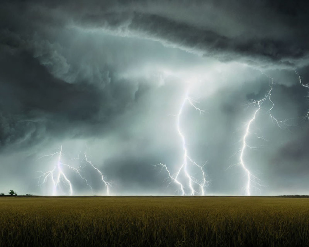 Intense Thunderstorm with Lightning Strikes Over Field