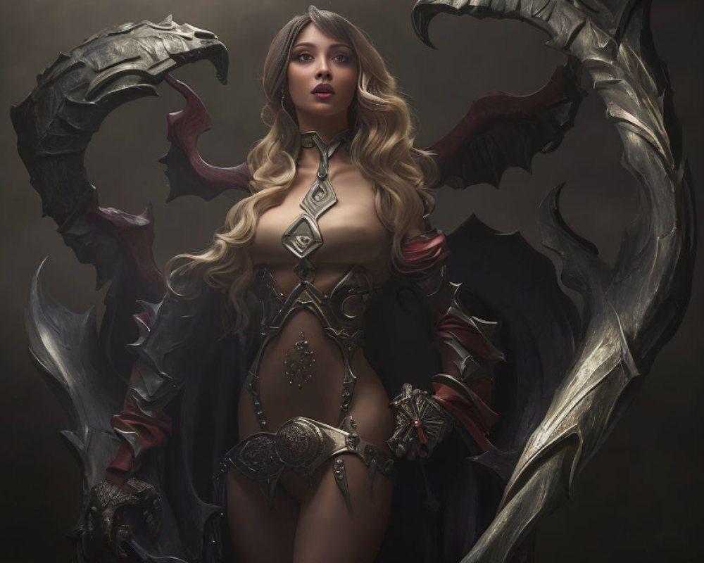 Blond-haired woman in dark armor with dragon-like creatures in fantasy artwork