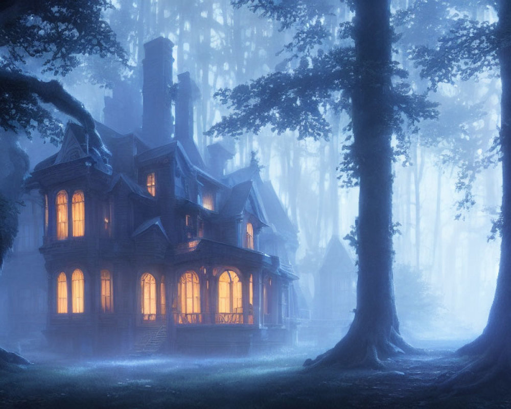 Gloomy Victorian mansion in misty forest with glowing windows