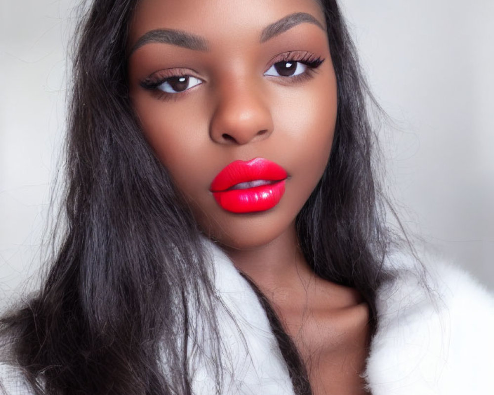 Woman with Red Lipstick and White Furry Outfit on Gray Background