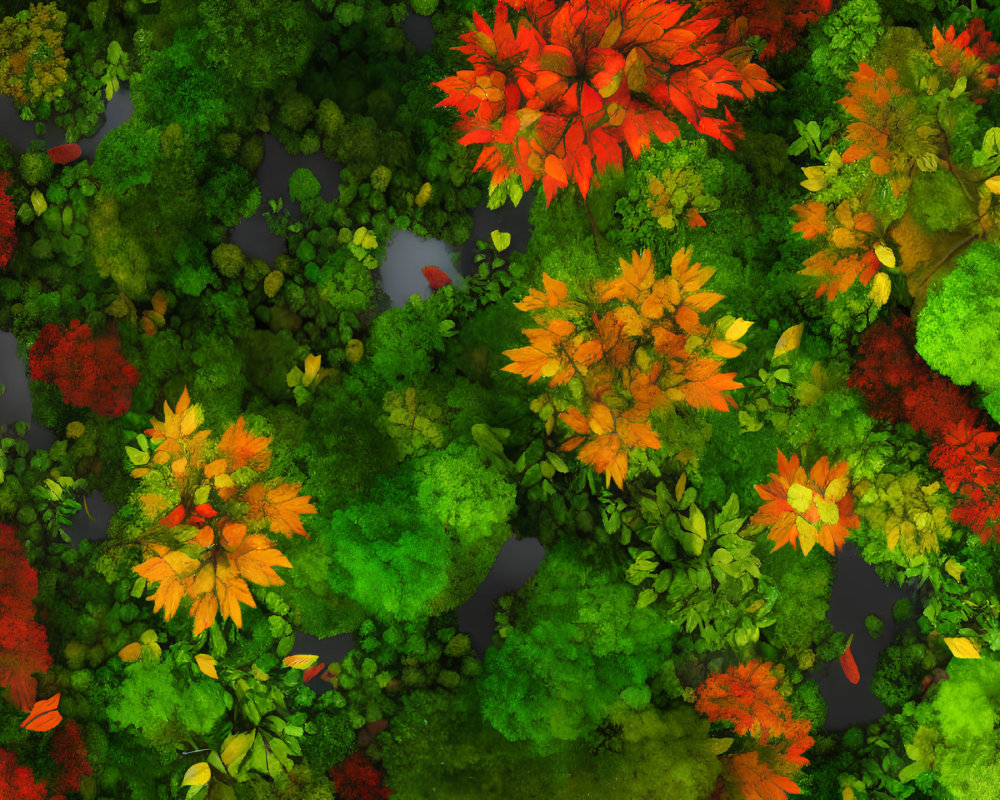 Aerial View of Vibrant Forest in Green, Orange, and Red