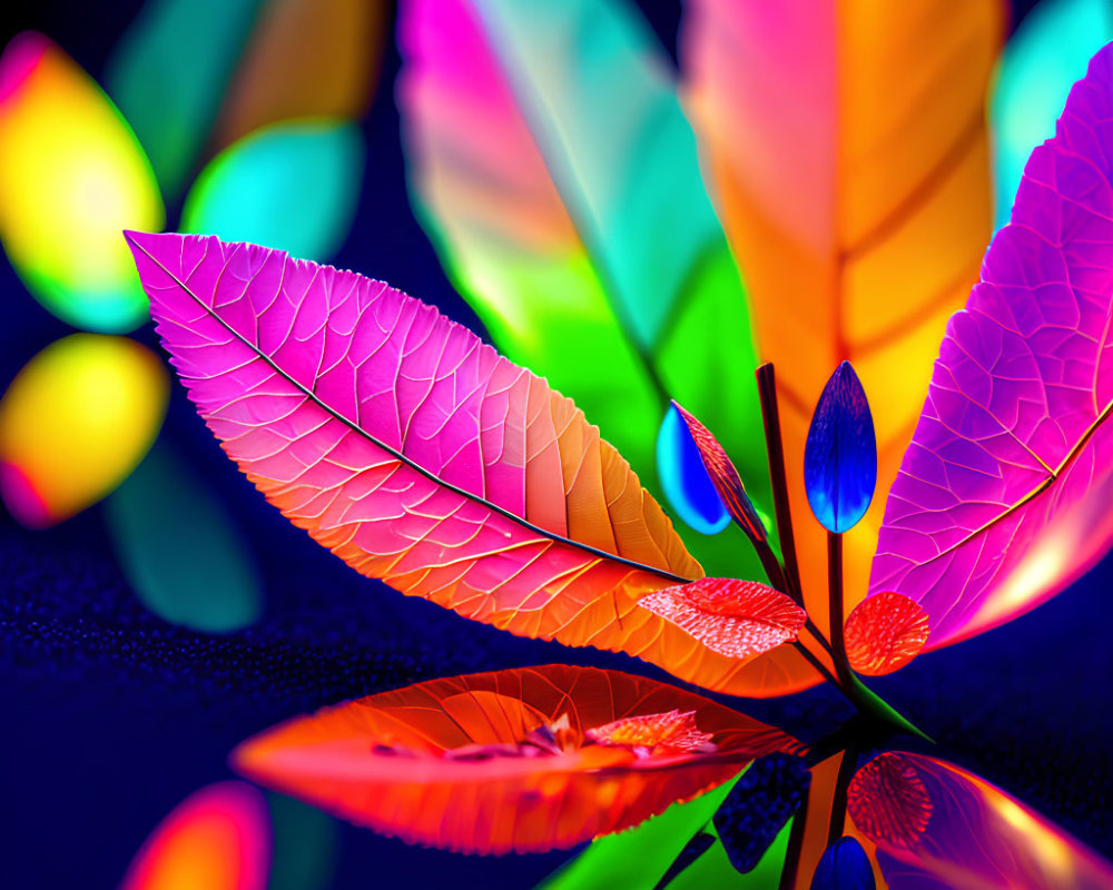 Colorful Fan-Shaped Leaves with Neon Edges on Dark Background