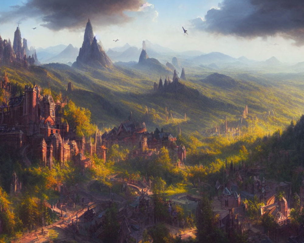 Majestic fantasy landscape with castle, village, and soaring birds