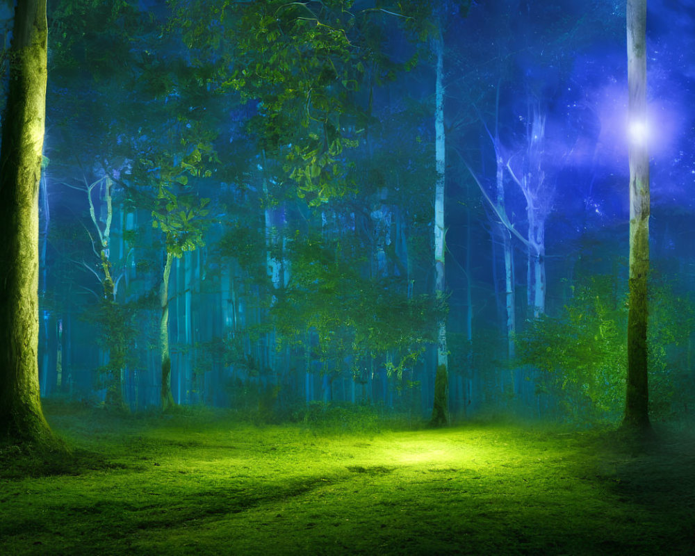 Enchanting night forest with mystical blue tones and ethereal lights