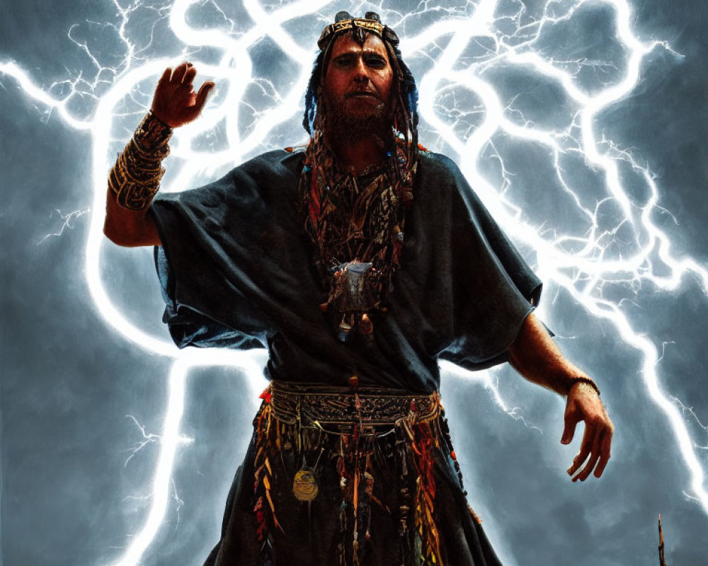 Ancient attire man in shamanic pose with lightning background