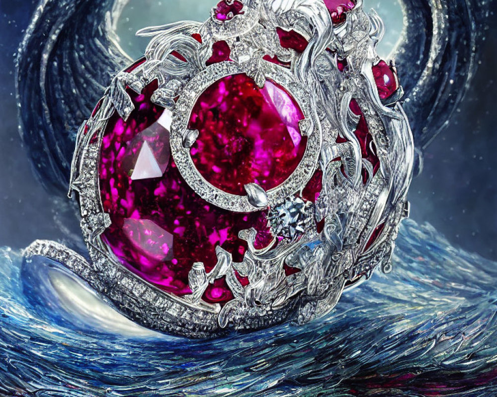 Silver Ring with Pink Gemstones & Diamonds in Intricate Design