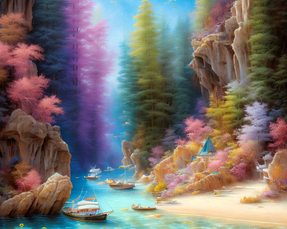 Serene fantasy landscape with blue river, colorful trees, boat, and floating lanterns