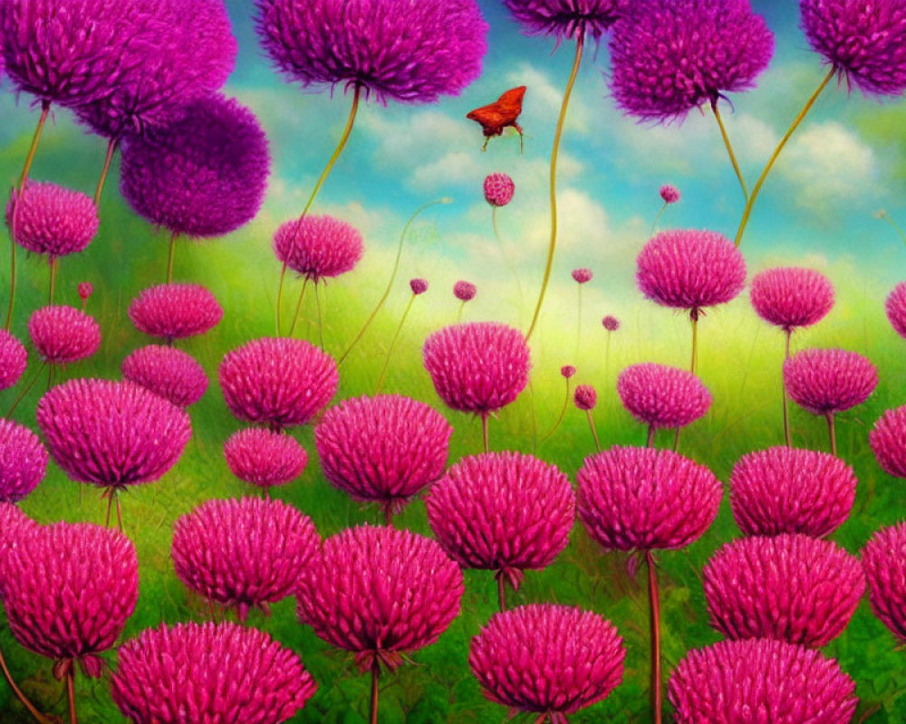 Colorful painting: Purple globe flowers field with orange butterfly