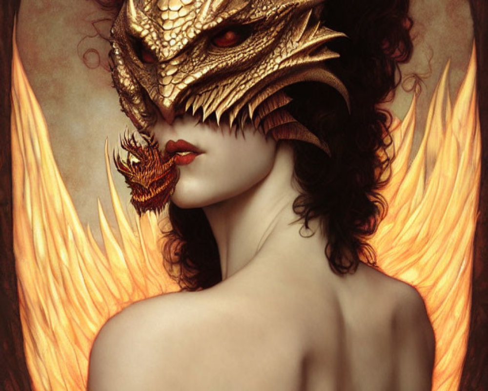 Fantasy illustration of person wearing dragon head mask with wings spread